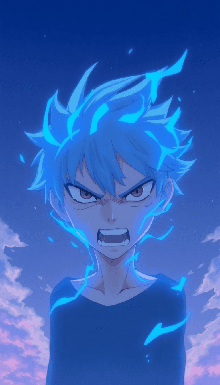 Anime Image Of Rimuru Being Angry With A Blue Aura Covering His Body With A Sky Background