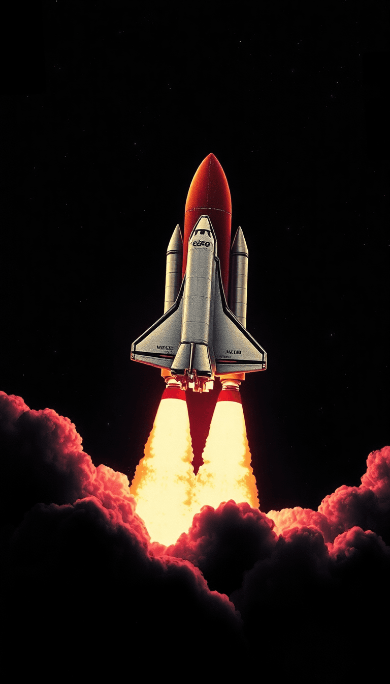 Uno Space Shuttle Appena Partito Dalla Torre Di Lancio, Immerso Tra I Fumi Di Scarico Mentre Si Avvia Verso Lo Spazio Nero