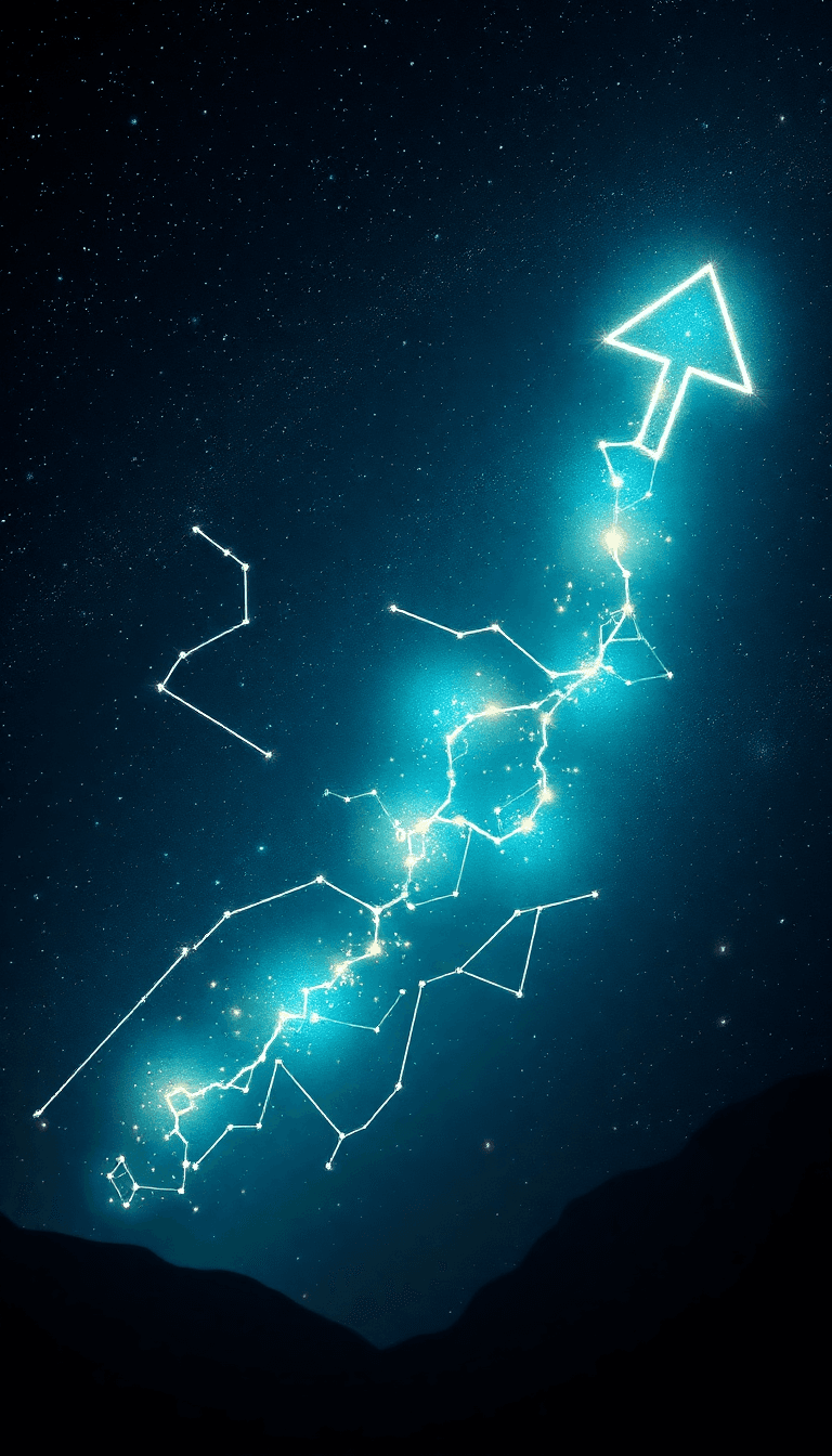 A Vast, Dark Sky Filled With Bright, Glowing Constellations That Form Intricate Patterns, Symbolizing Growth, Ambition, And Vision—such As An Upward Arrow Or Other Symbols Of Progress. The Constellati