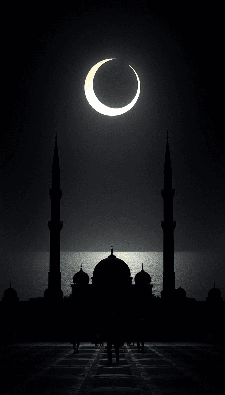 Mosque Near A Sea With A Crescent View On The Sky With People Ready To Pray