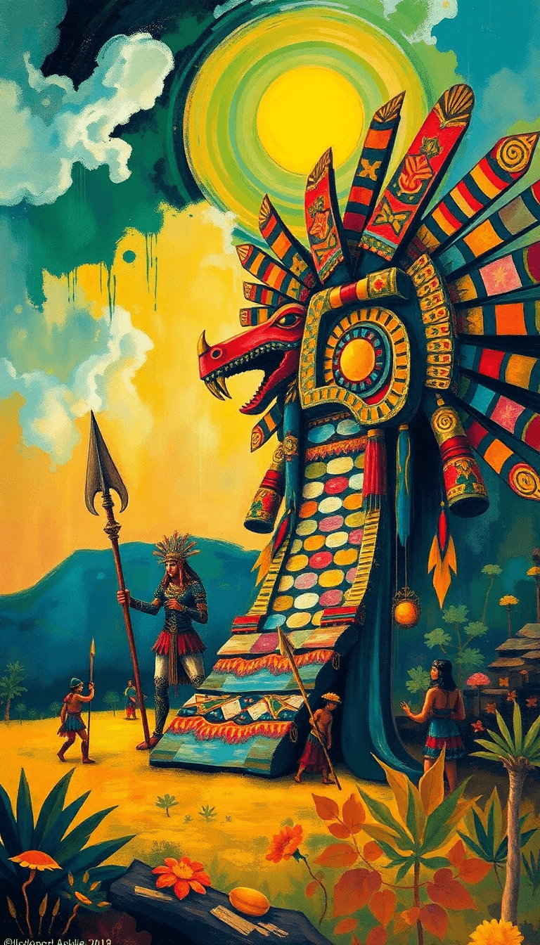 Aztec Mythology Dive Into The Vibrant World Of Aztec Myths, Where Gods Demand Sacrifices And Warriors Fight For The Sun In The Style Of Gustav Klimt, No Frames