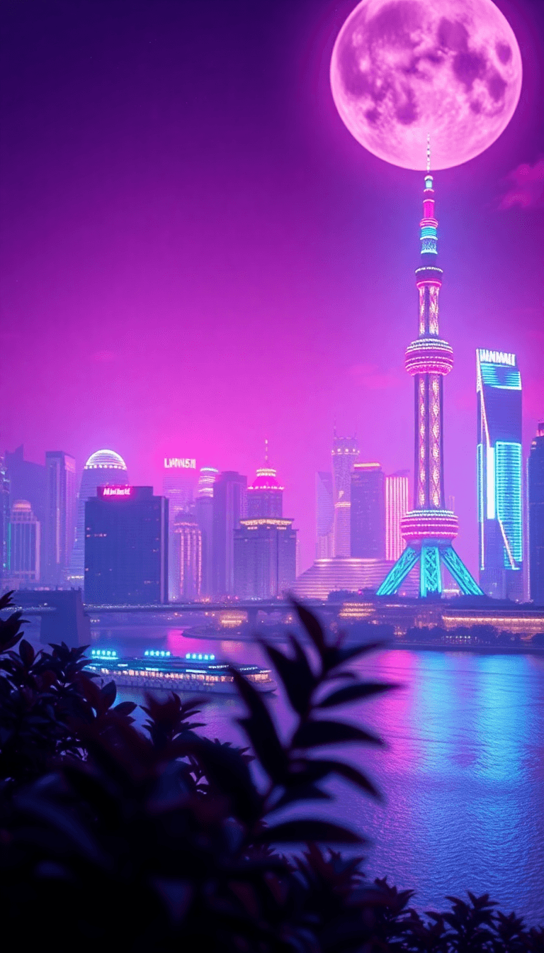 A Cinematic, High-definition Wallpaper Art. A Romantic Shanghai Night Skyline Background With The Oriental Pearl Tower Glowing In Neon Purple And Cyber-blue Lights. In The Foreground, A Semi-r