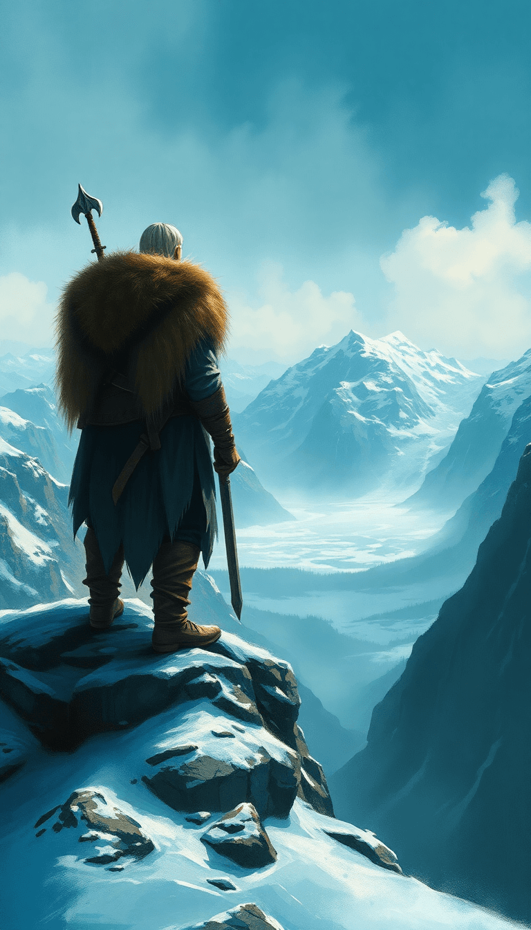 Ultra-detailed Cinematic Nordic Fantasy Landscape, Wide Panoramic Composition (16:9), Realistic Digital Painting.
a Lone Viking Warrior Seen From Behind, Standing On A Rocky Snowy Cliff Overlooking A