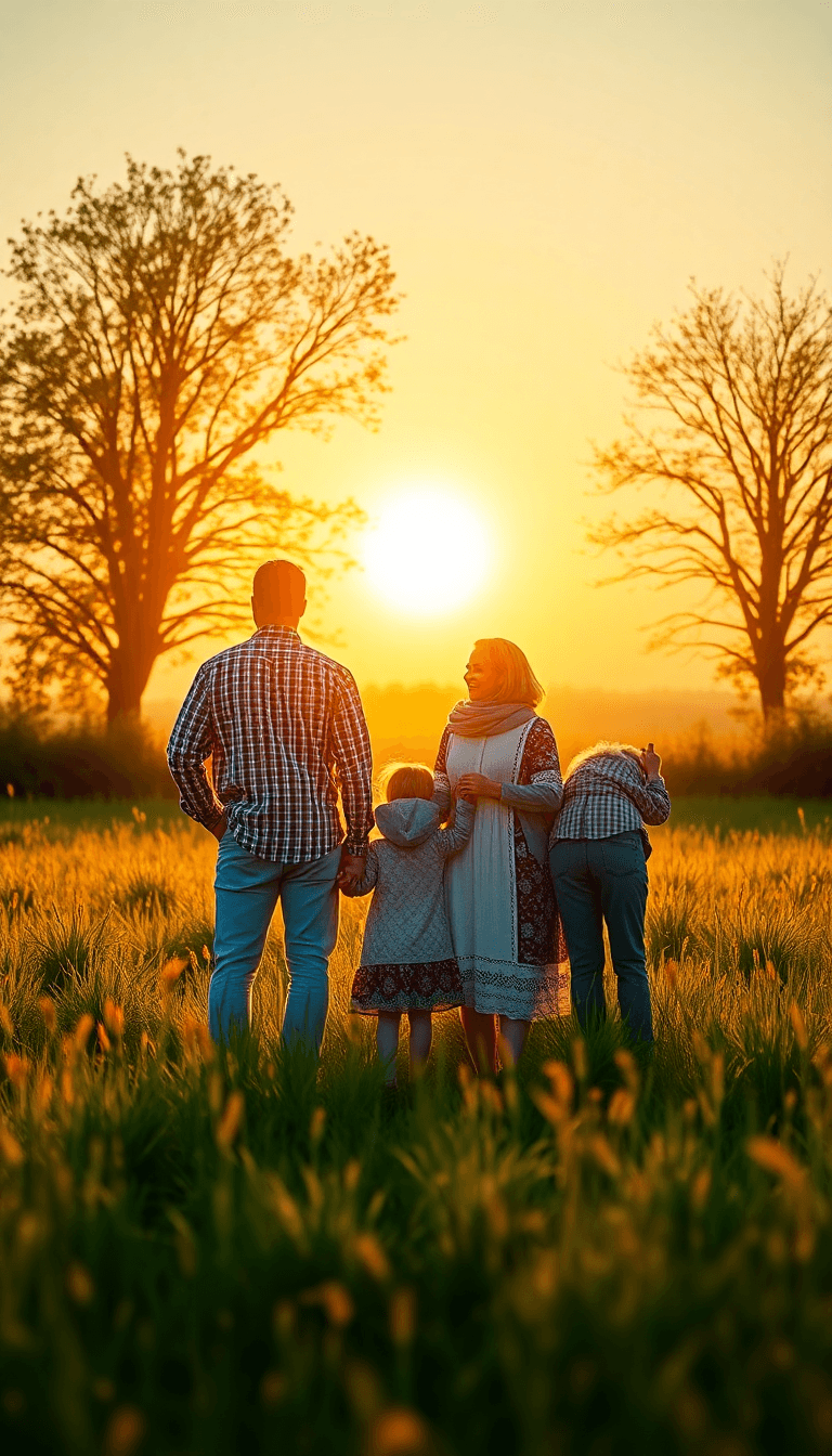A Vertical 9:16 Phone Wallpaper Showing A Three-generation Family Standing Together In A Sun-drenched Meadow During Golden Hour. The Scene Feels Fresh, Warm, Energising, And Deeply Emotional.