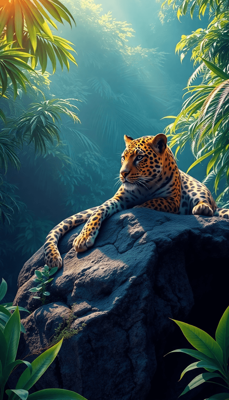 Un Jaguar Majestuoso Descansa Sobre Una Roca Cubierta De Musgo En Medio De Una Selva Tropical. Su Pelaje Dorado Está Cubierto De Manchas Negras En Forma De Rosetas, Que Brillan Bajo Los Rayos Del Sol