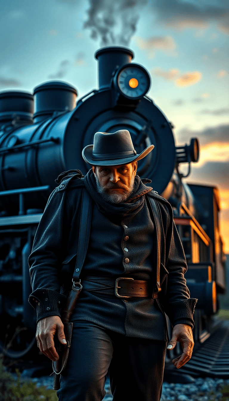 Ultra-realistic Cinematic 4k Wallpaper Of A Rugged Outlaw Inspired By Arthur Morgan From A 19th-century Western Setting, Standing Confidently In Front Of A Massive Black Steam Locomotive At Dusk. The