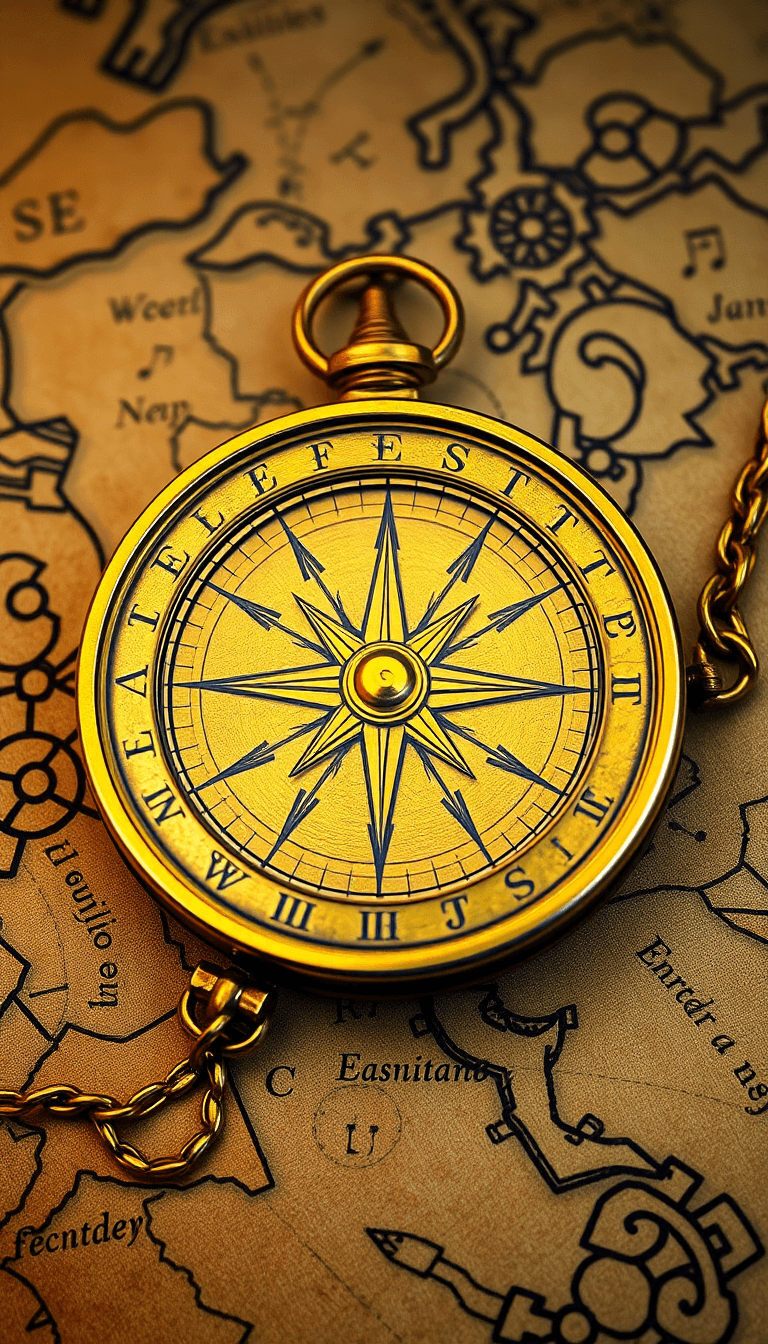 A Magical Golden Compass, With Runes Etched On Its Surface And Multiple Needles Spinning Around. It Has A Gold Chain Attached To It And It Lies On An Ancient Map.