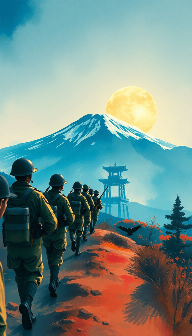 Japanese Army Going Over The Horizon With Mount Fuji In The Background