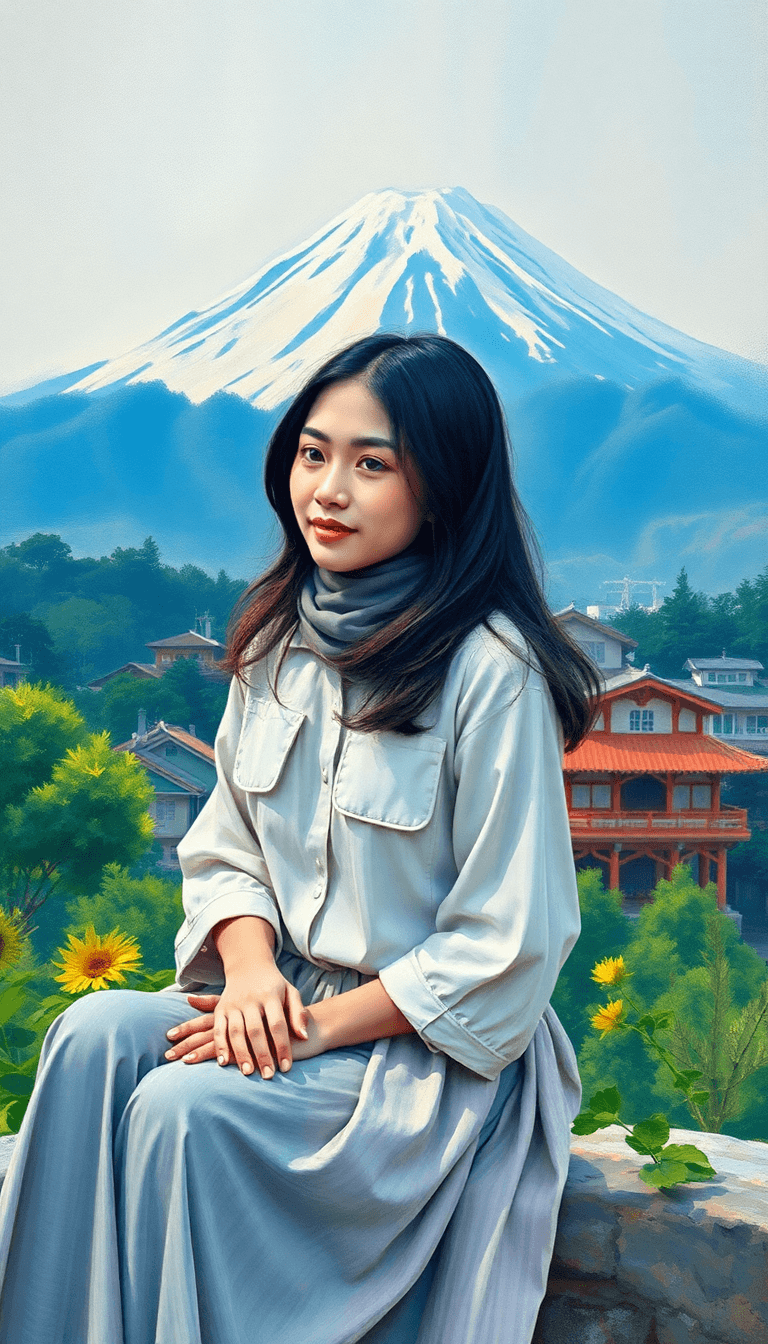 Buatkan Foto Remaja Wanita Dengan Pakaian Seperti Siswi, Dia Duduk Dipagar Beton Dengan Pemandangan Belakang Gunung Fuji Dan Sedikit Pohon Hijau Segar Didekatnya.