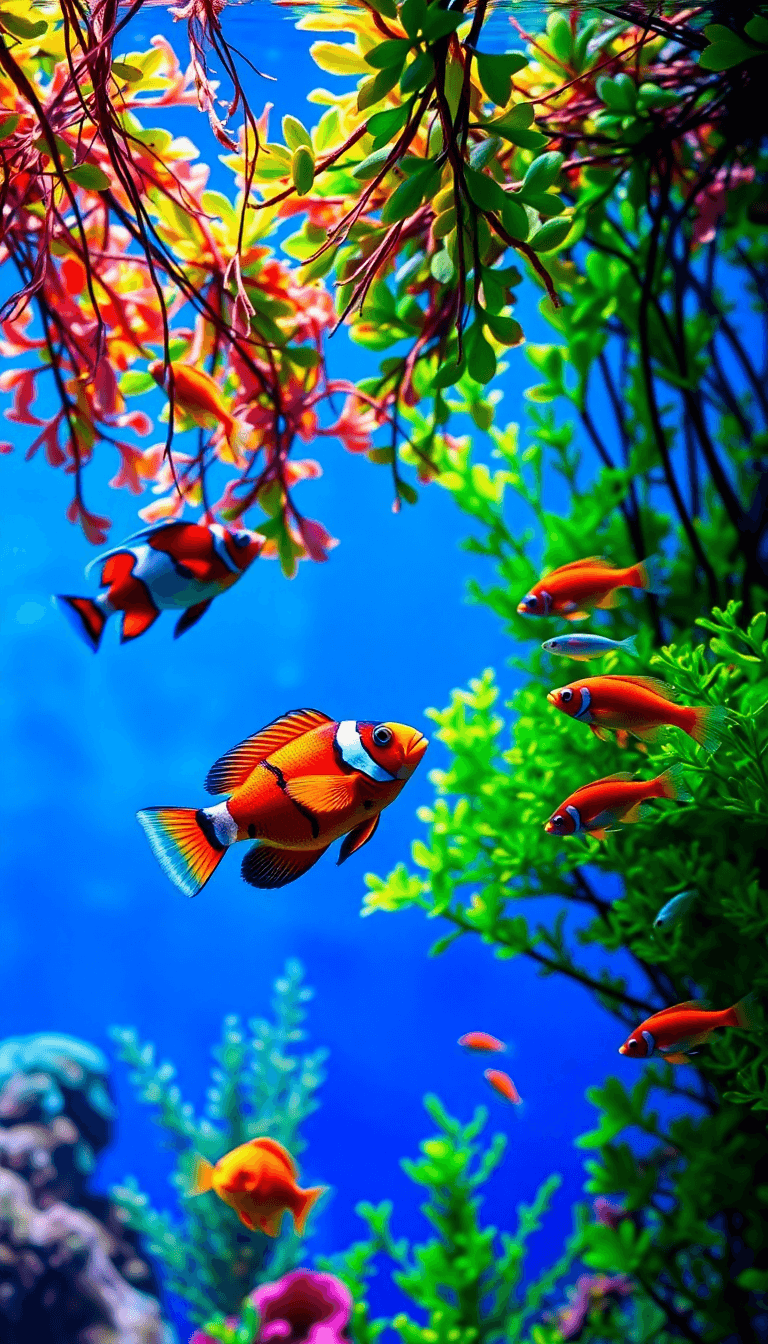 "a Stunning 4k Aquarium Wallpaper Featuring A Vibrant Underwater Scene With Crystal-clear Blue Water. Colorful Tropical Fish Like Angelfish, Clownfish, And Neon Tetras Swim Gracefully Among Lush Green