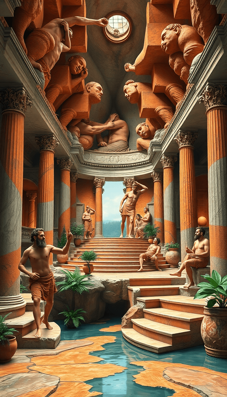 The Inside Of A Greek Palace With Complex Rooms Colons And Stairs, Almost Fractal, And Naked Gods Doing Some Sport, With A Bit Of Water And Plants Here And There. Naked Men With Big %$@%& And Balls