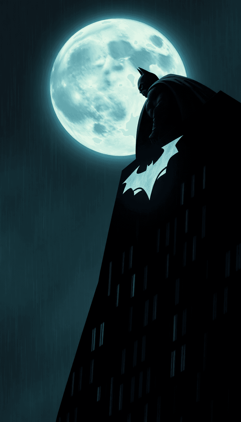 Batman Arriba De Un Edificio Con La Luna Llena Y El Logo Del Murcielago En Ella, Mientras Llueve
