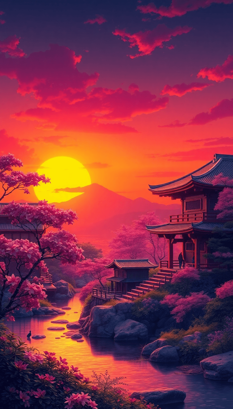 A Breathtaking Japanese Sunset Scene With Vibrant Hues Of Orange, Pink, And Purp
