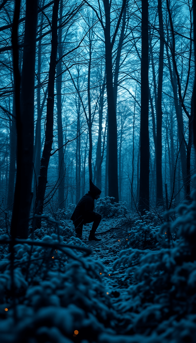 Ultrawide, High Res, Outdoor Winter Forest Scene With A Dark Elf Hiding