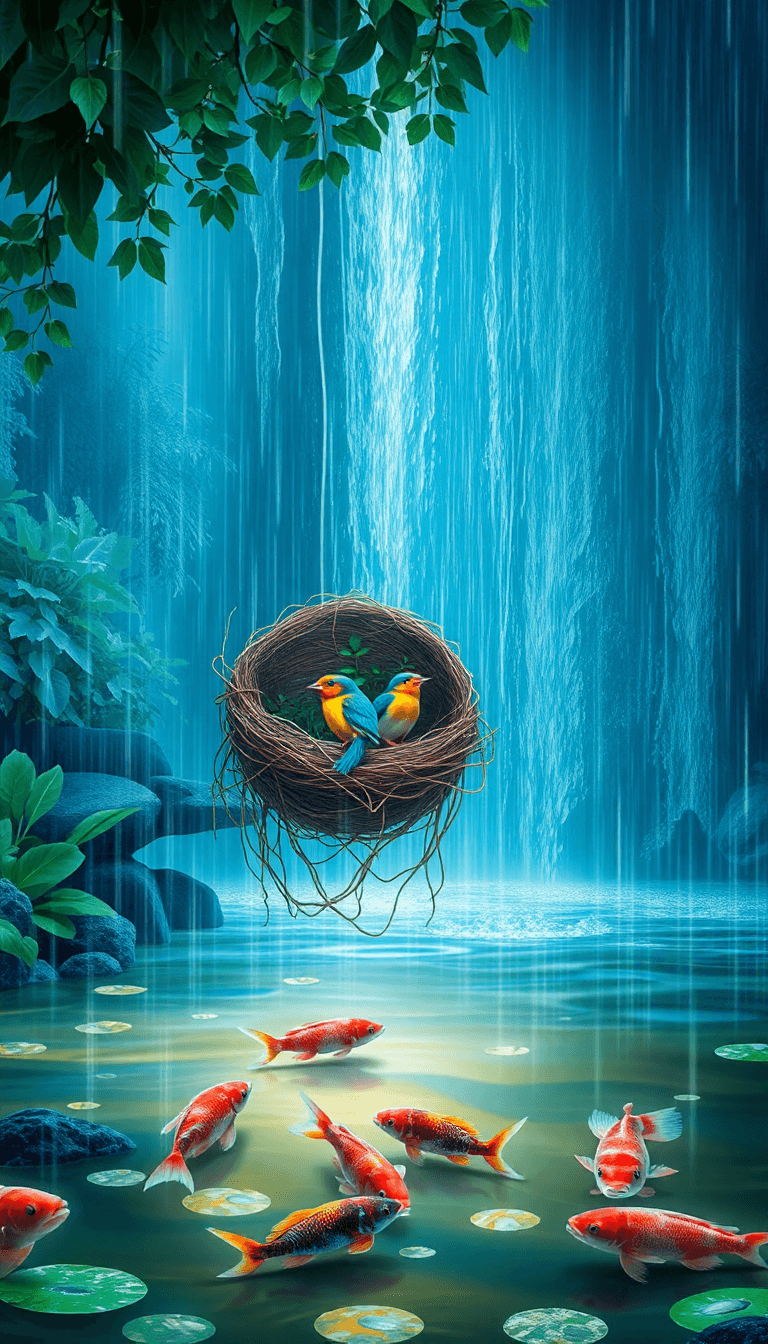 Authentic Fresh Rainy Waterfall, With A Glowy Monsoon Having Some Birds Inside Their Nest And There Is A Pond In Which Fishes Are There