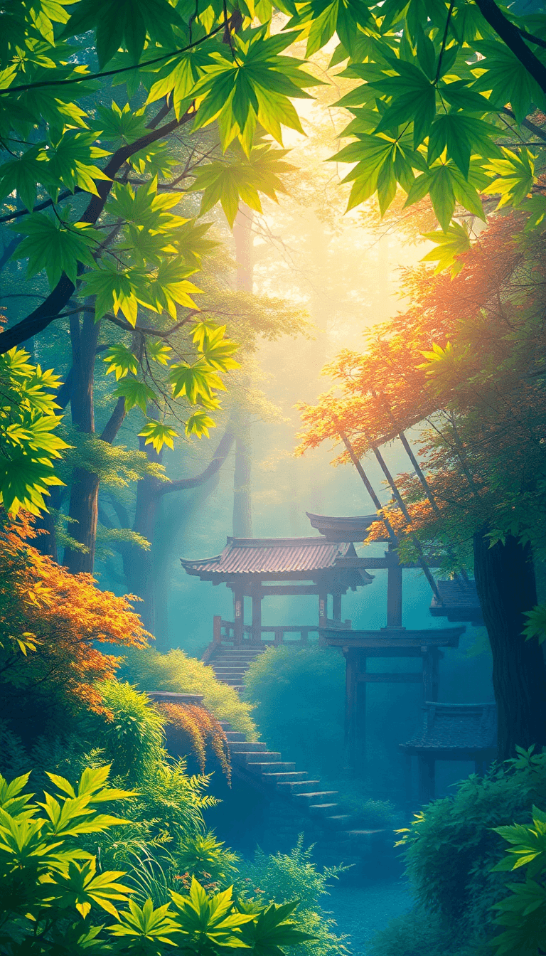 A Breathtaking Anime Landscape Of A Traditional Shinto Shrine Nestled Deep Within A Vibrant, Overgrown Forest. Blindingly Bright Summer Sunlight Filtering Through Dense Green Maple Leaves (komorebi).