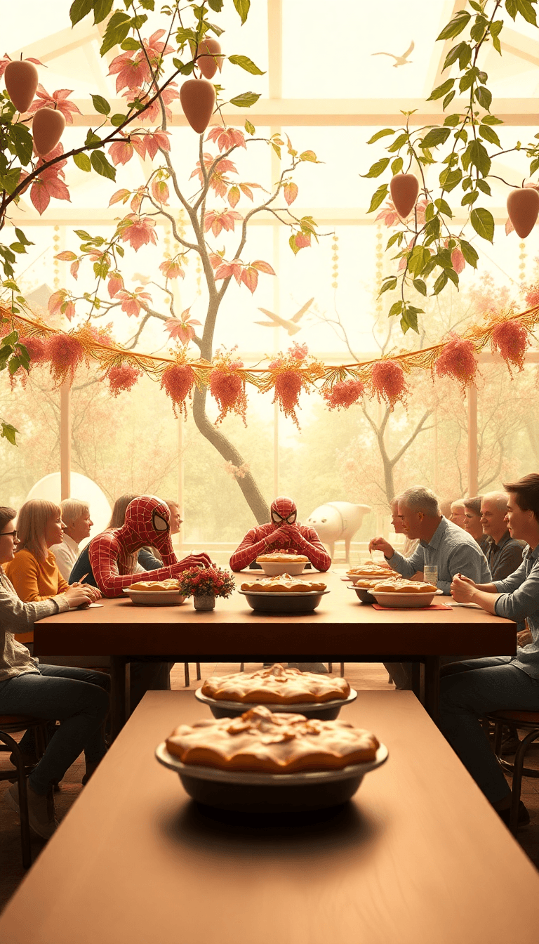 **title:** *spider-man Vs. The Pie-eating Contest*
**int. Community Center - Day**
*(a Lively Pie-eating Contest Is Underway. Contestants Are Seated At A Long Table, Their Faces Buried In Pies.