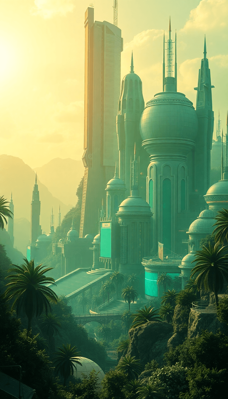 A Retro Futuristic Solarpunk City, In A Mobile Wallpaper Style, Single Point Perspective, Dark On The Left And Right Of Image