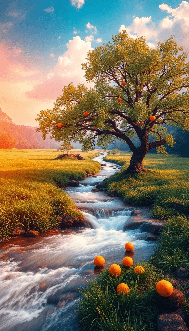 One Tree And There Is A River Flowing, Grass, And Orange Fruits In The Water Flow