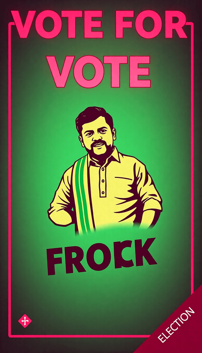 Give A Poster Which Is Election Poster To Vote For The Frock Symbol And The Chinthamalla Yakaiah Is The Candidate And Add Some Details Like The Village Is Bojjannapeta All The Text Convert Into