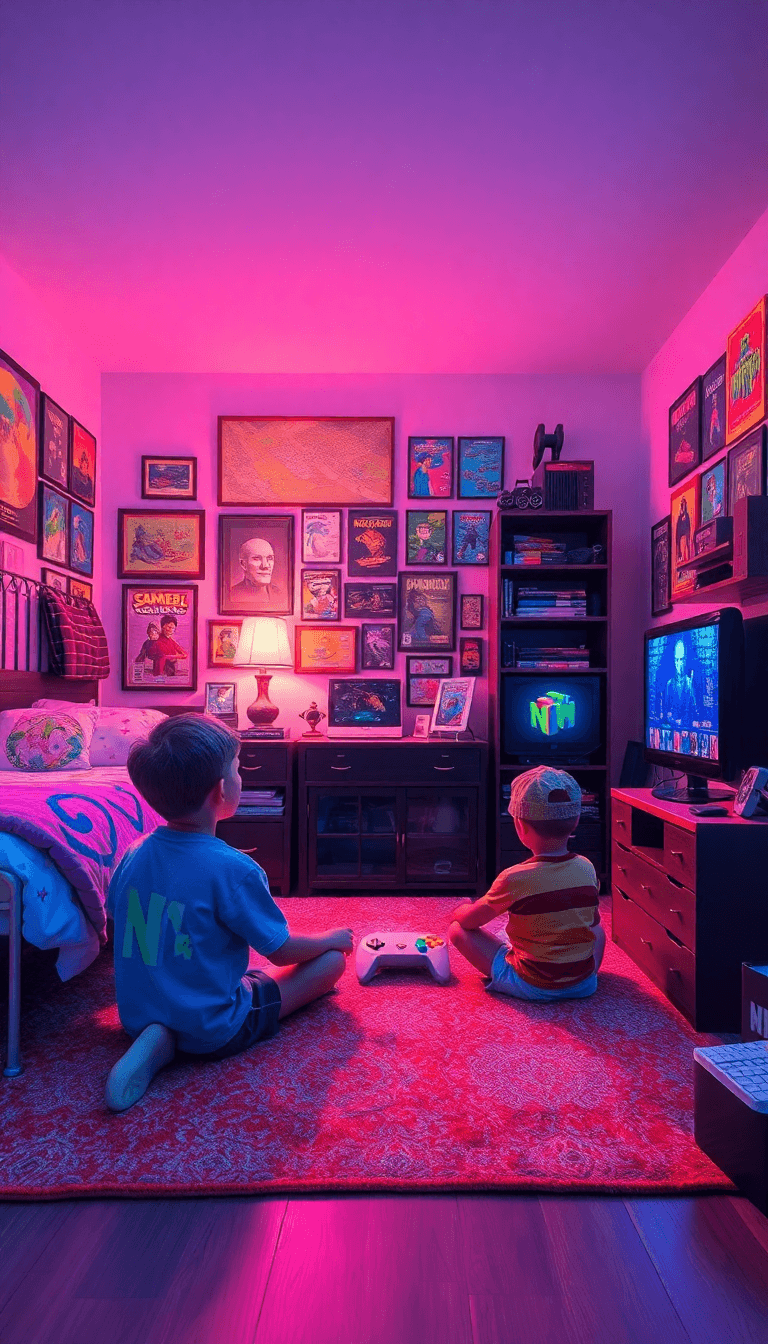 '90s Video Game Memorabilia All Over The Bedroom While Two Kids Sit On The Floor And Play The N64