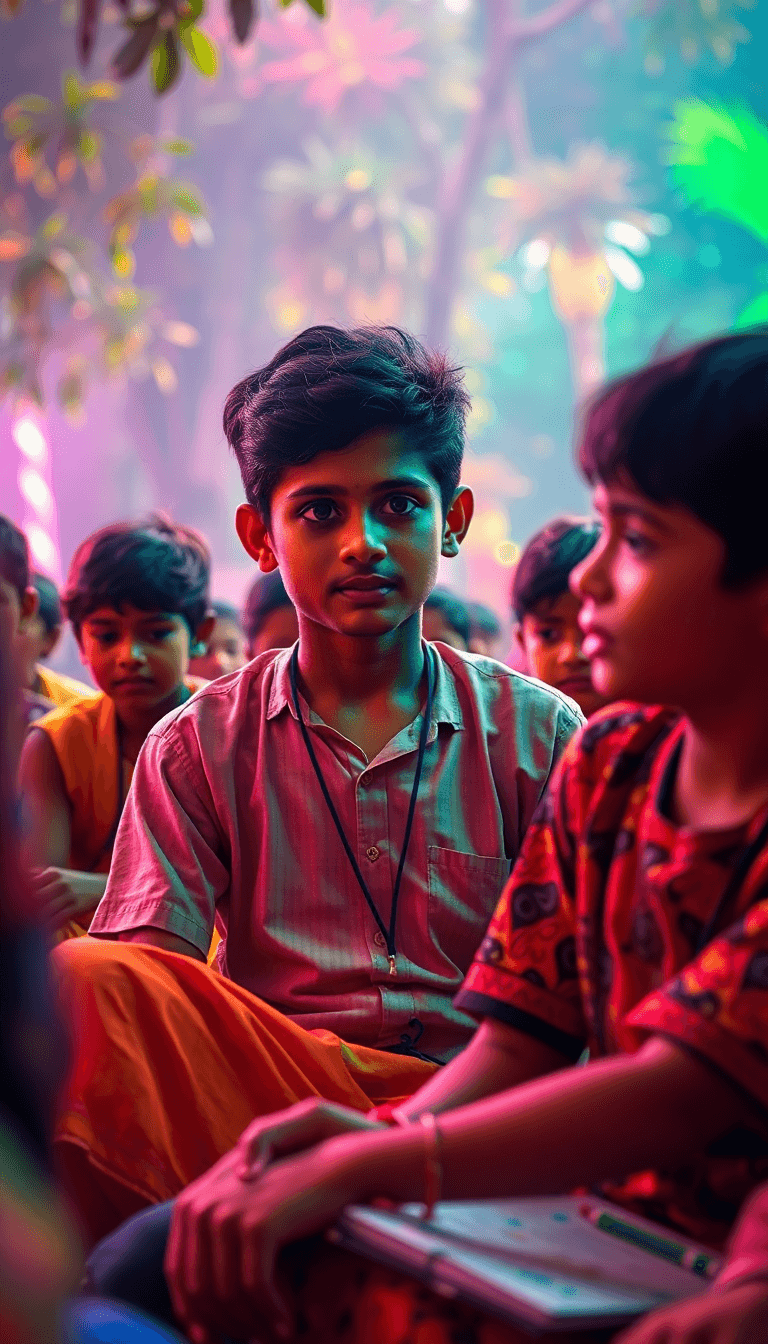 Participating In An Educational Competition, Surrounded By Other Students From The Village. The Atmosphere Is Vibrant And Lively, With Kids Sitting Attentively, Focused On The Task At Hand. Arjun Is S