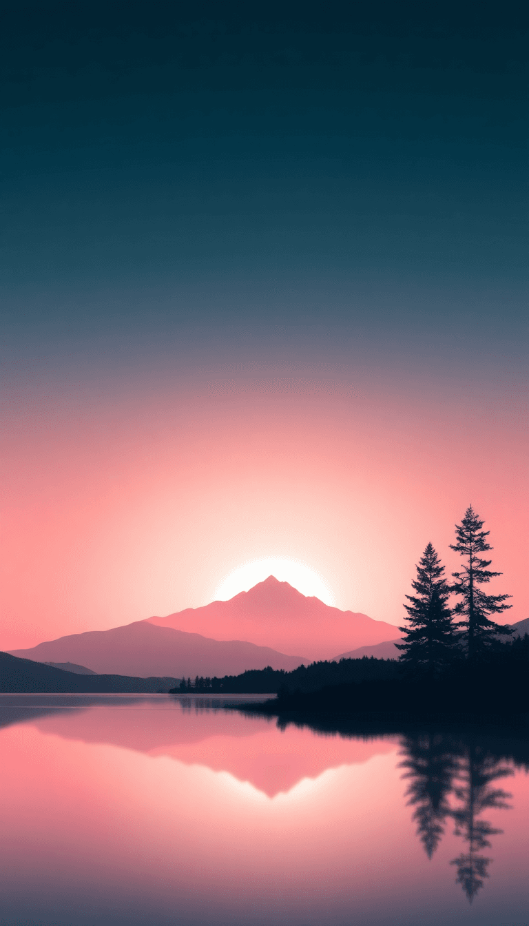 A Minimalist Landscape Featuring Soft Gradients Of A Sunrise Over A Mountain Range. The Foreground Shows A Calm Lake Reflecting The Light, With A Lone Pine Tree Silhouetted To One Side. The Sky Transi