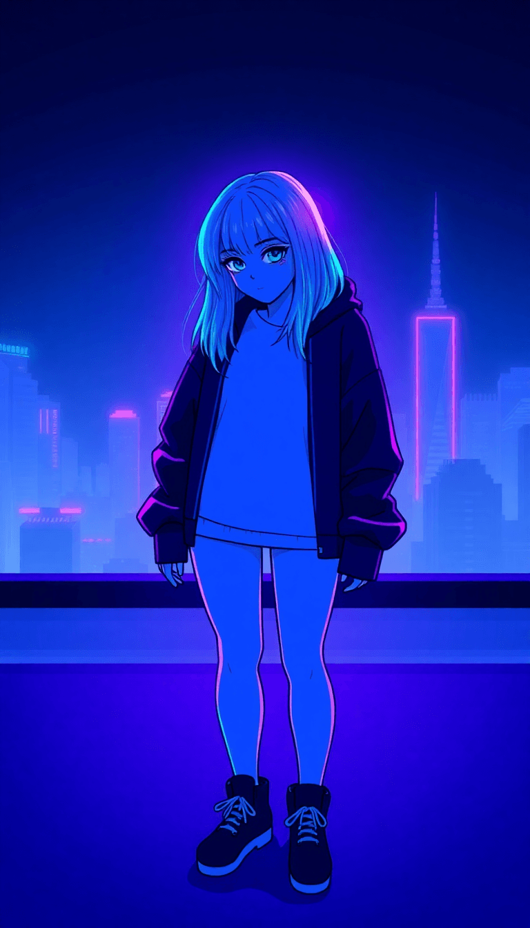Billie Eilish With Neon Blue Hair In A Spider-verse Inspired Style, Standing On A Rooftop At Night, Futuristic City Background, Comic-book Shading, Neon Blue And Purple Lighting, Glitch Effects, Dynam