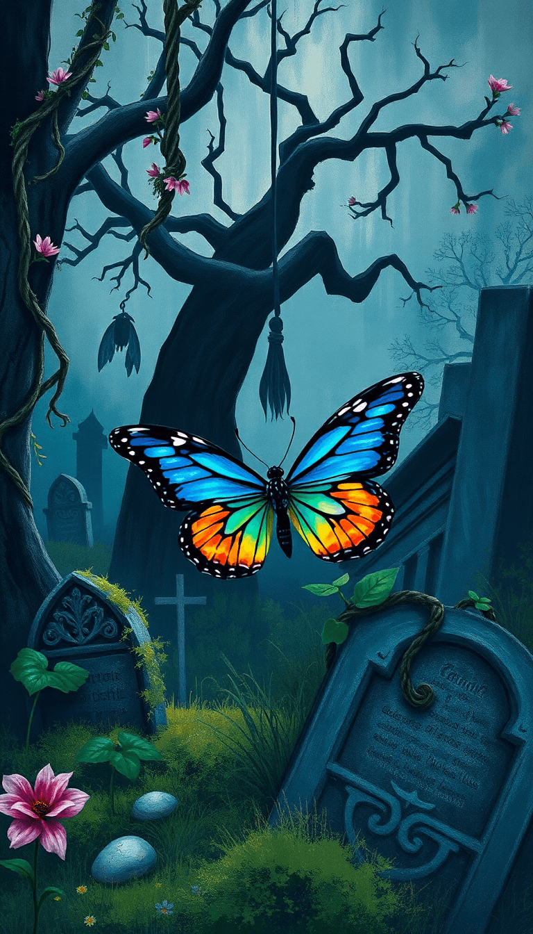 Vibrant Butterfly In An Old Graveyard With Moss Growing Tombstone N Spooky Vines Hanging Off The Trees A Bug Tree In The Background With A Silhouette Of A Body Hanging From A Rope Around The Neck