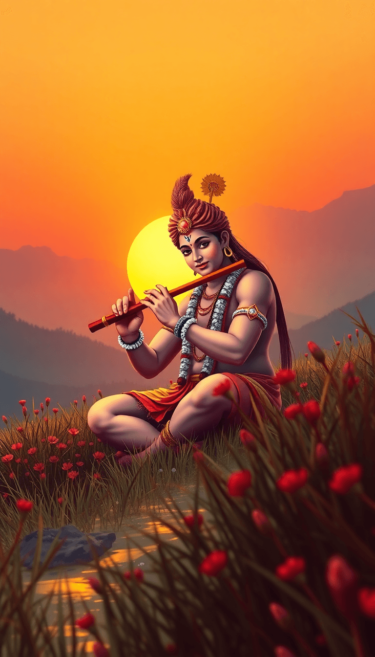 Horizontal Illustraion Of Shree Krishna , Playing Flute , Sitting In A Feild , Sun Is Rising Behind Him ,