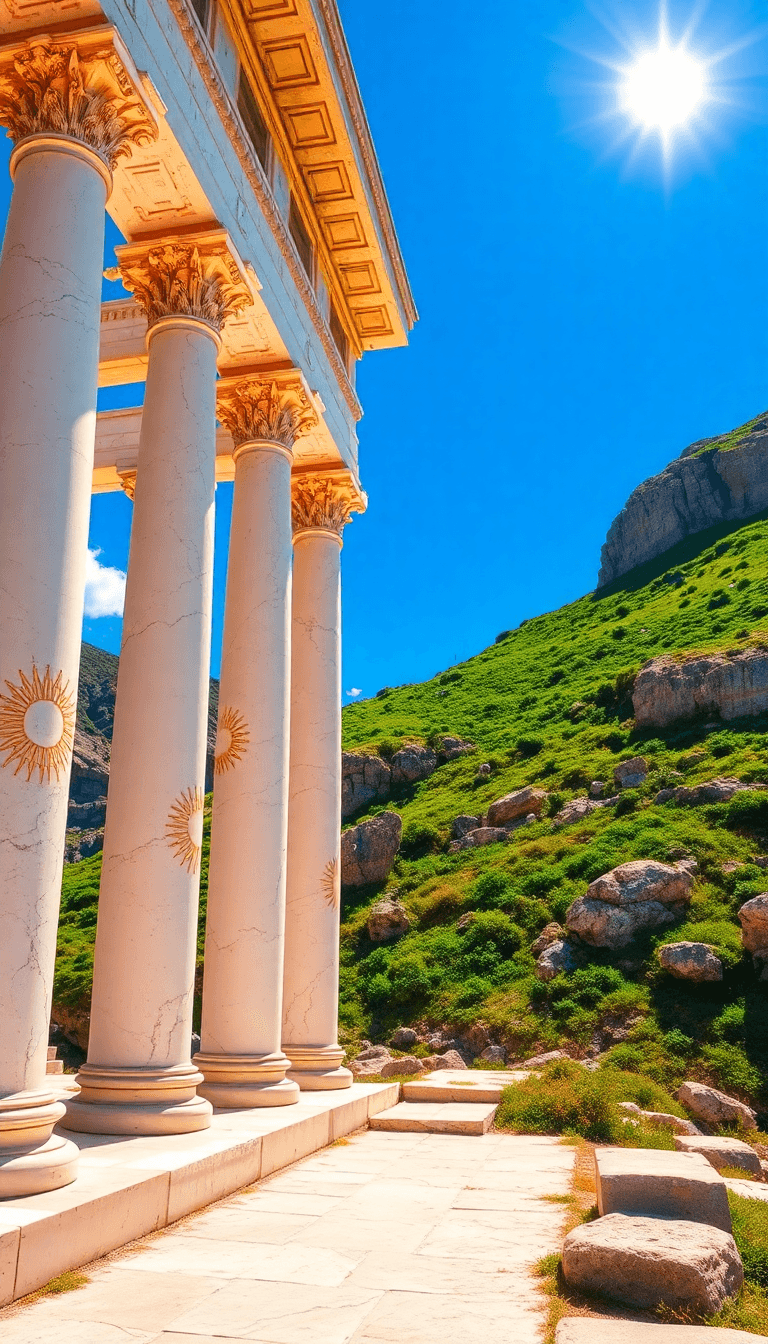 The Temple Of Apollo, With White Marble Columns Glowing Under A Radiant Blue Sky. Gold Sun Motifs Are Engraved On The Stone, And Vibrant Green Hills Surround The Temple.