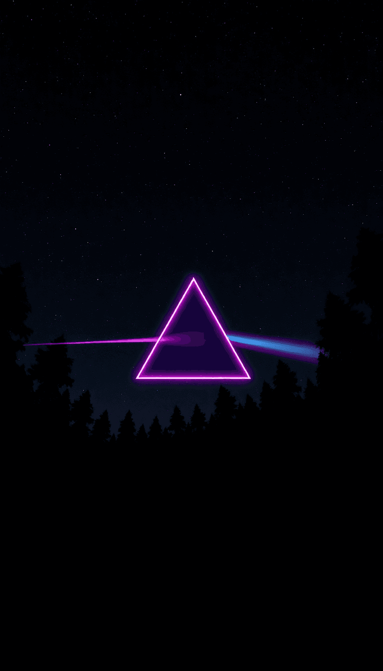 Forest Night Sky With Starts An An Holographic Pink Floyd Logo On The Sky