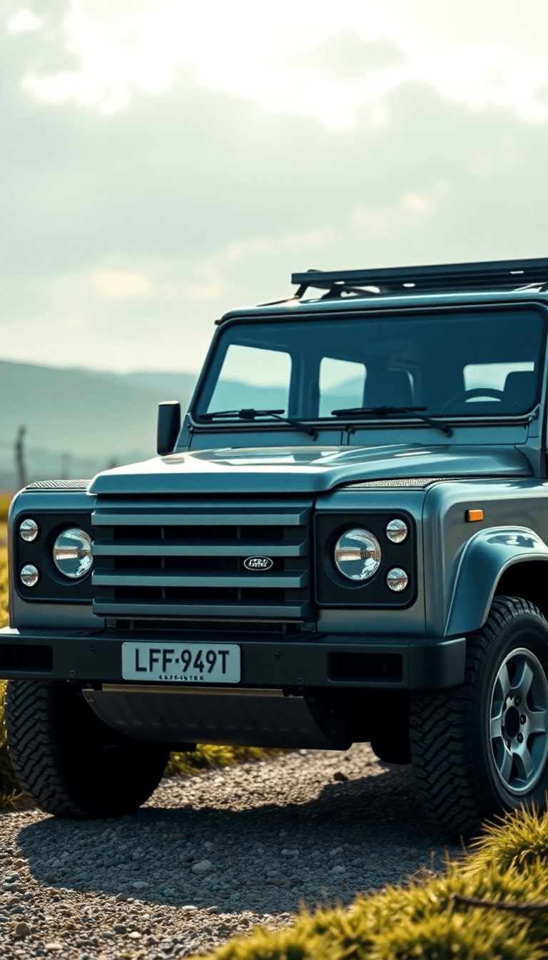 A High-resolution Horizontal Desktop Wallpaper Of A Land Rover Defender, Captured In A Dynamic Three-quarter Front Angle View (hero Angle), Showcasing The Car’s Rugged And Bold Design. Composition Is