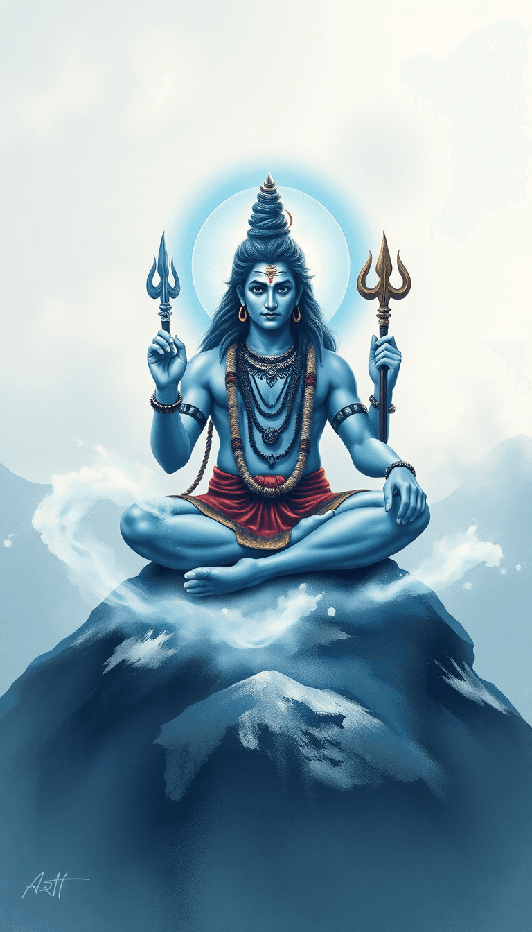 A Stunning, High-definition Digital Painting Of Lord Shiva (mahadev), Depicted In A Divine And Majestic Form. He Is Seated On Mount Kailash, Surrounded By A Mystical Blue Aura, With The Crescent Moon