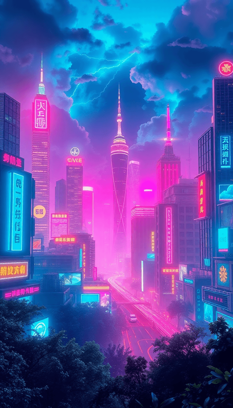 A Futuristic City Skyline At Night With Glowing Neon Signs And A Cyberpunk Color Palette.