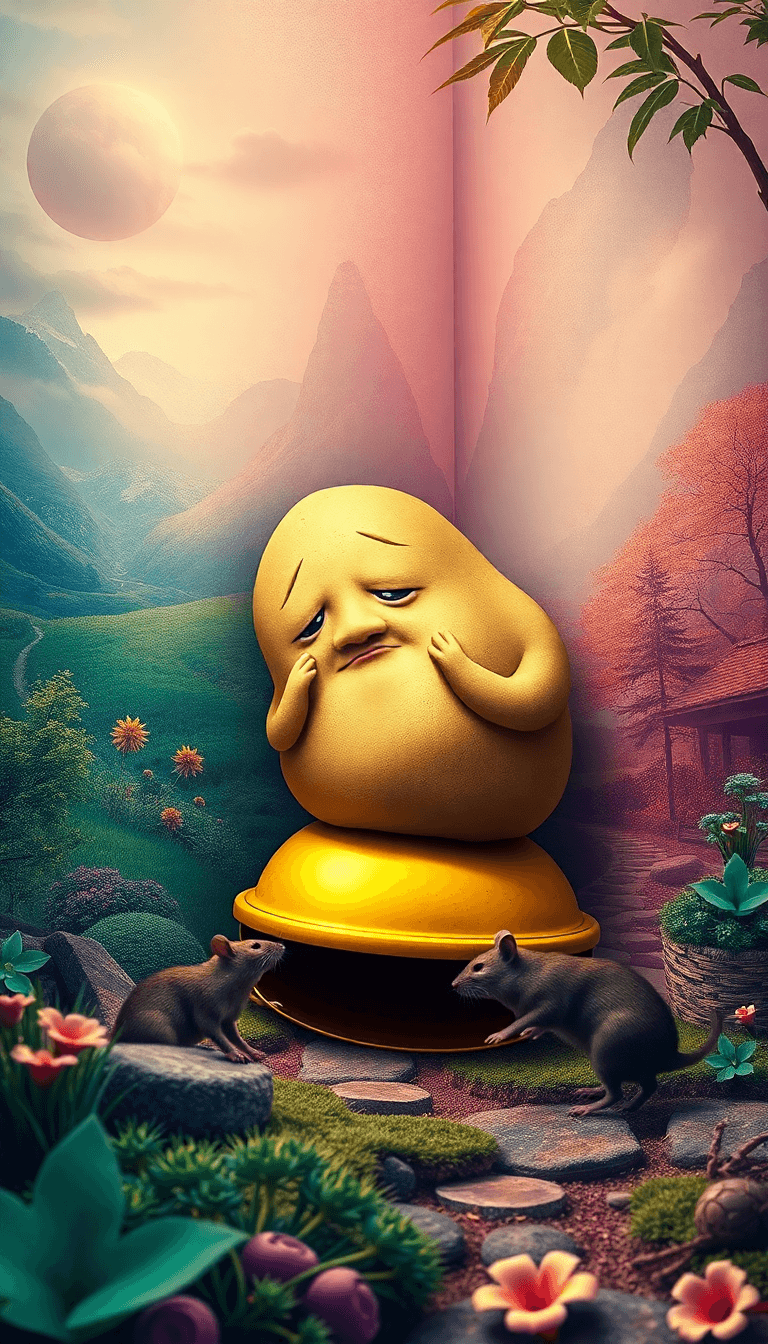 A Big Potato Crying In The Corner Sitting On Golden  Bell While Watching Rat Running