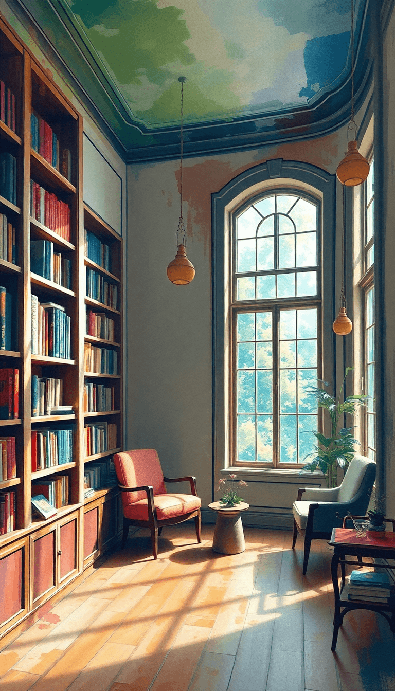 Home Library With Floor To Ceiling Bookcases On One Wall And A Large Window On Another