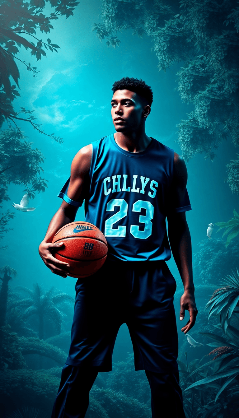 Basketball Player With Ball, And Blue Light T-shirt And Trousers With Number 23