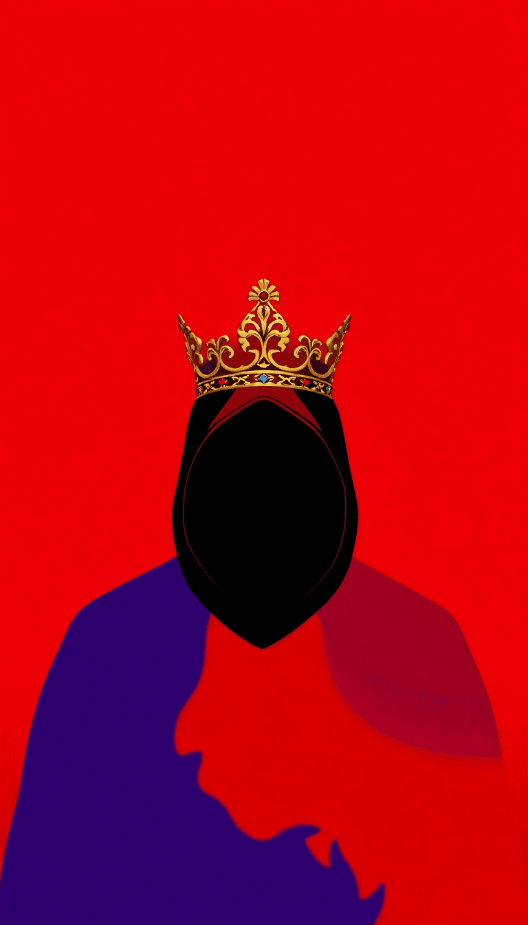 A High-resolution 4k Aesthetic Pc Wallpaper Featuring A Mysterious Hooded Figure In Silhouette Against A Vibrant, Solid Red Background. The Figure Wears An Ornate, Detailed Gold Crown On Top Of The Bl