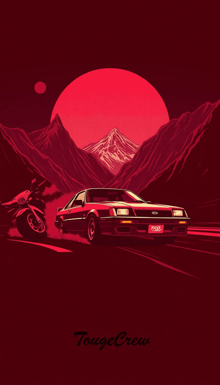 Japanese Themed Car Drifting Through 2 Montains, With The Logo "tougecrew" At The Bottom