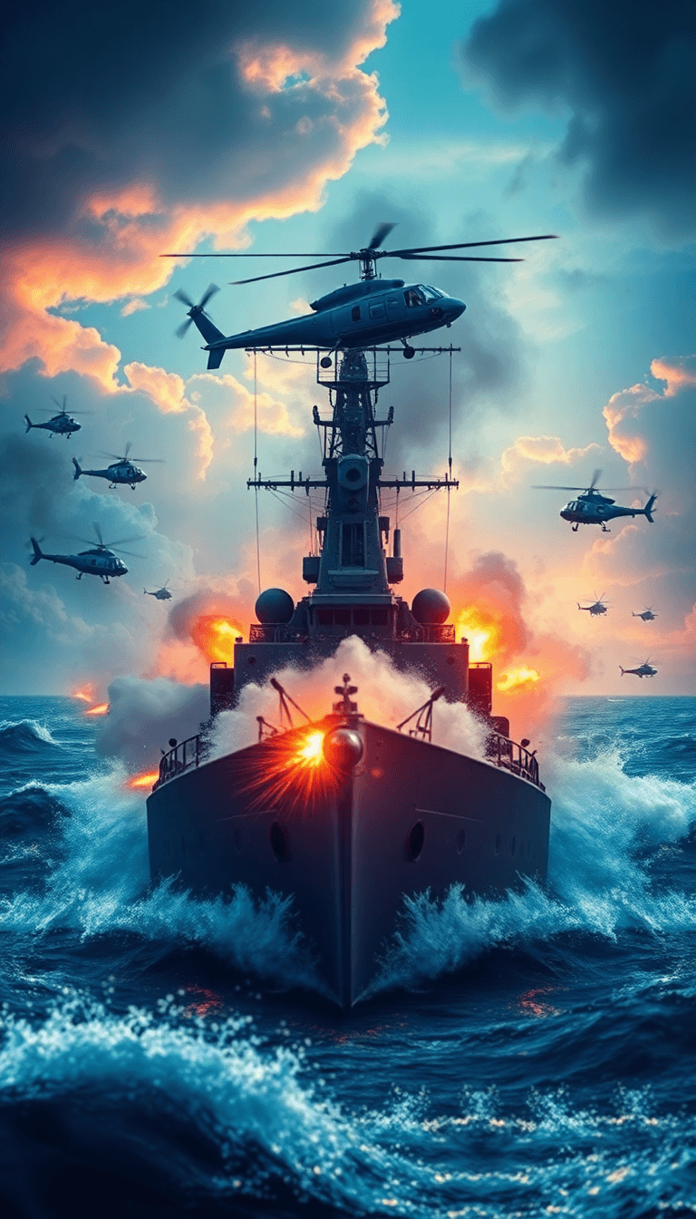 Una Batalla Naval En El Oceano Y Portaviones Con Torpedos Y Soldados En Guerra Con Helicóptero S