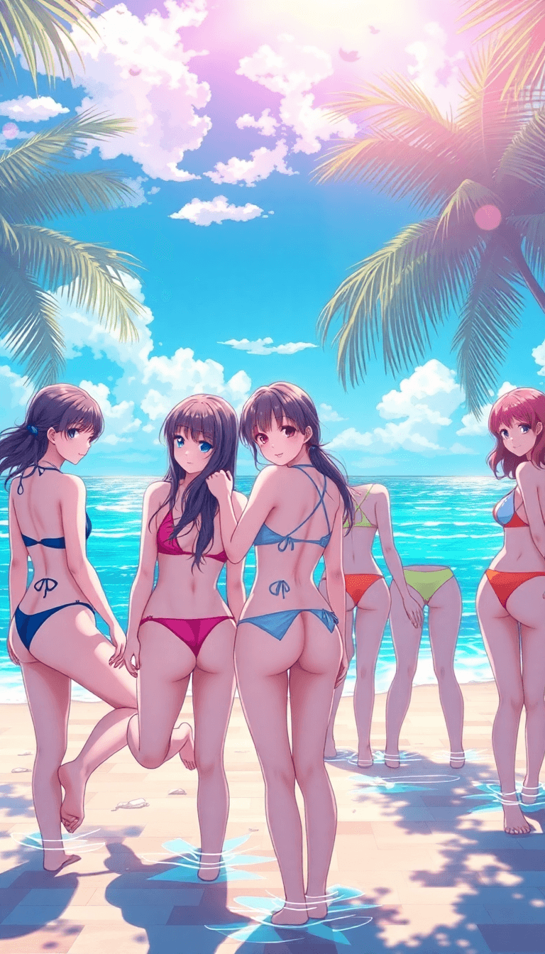 Beautiful Anime Girls All Staring Back At Me While On A Beach Vacation All Wearing Super Cute Thong Swimwear , All In Different Posing Positions Looking Super Fine
