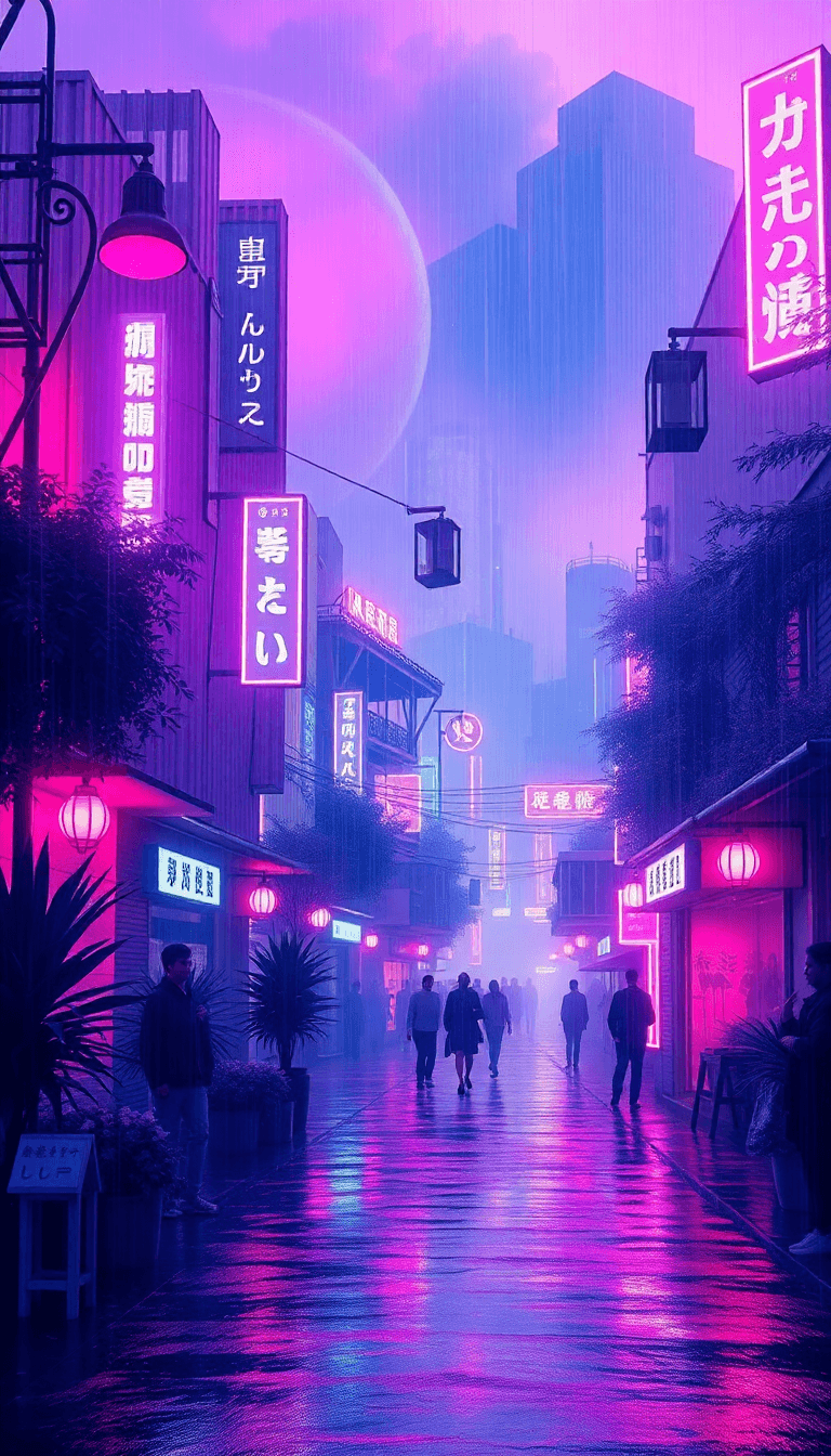 "une Ville Cyberpunk Futuriste Illuminée Par Des Néons Violets, Bleus Et Roses, Avec Des Gratte-ciels Imposants Et Des Hologrammes Flottants. La Pluie Fine Reflète Les Lumières Sur Les Rues Sombres Où