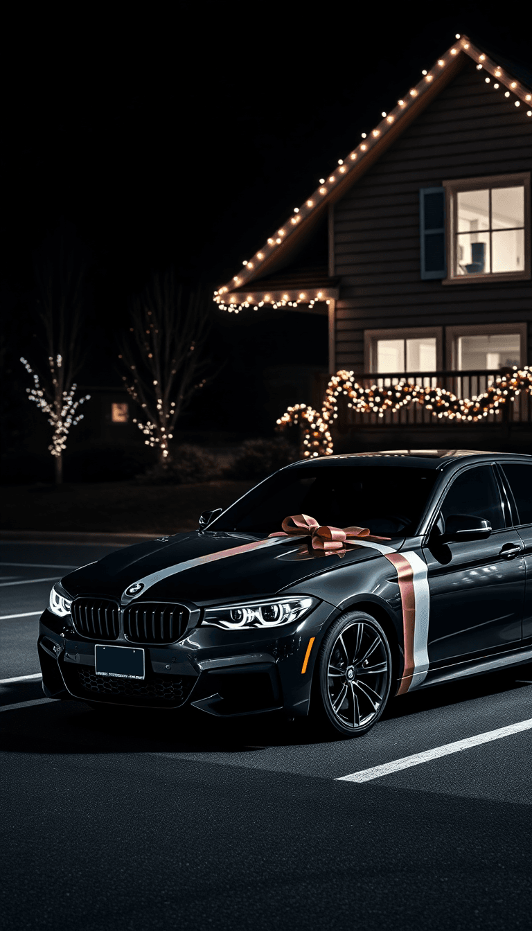 Bmw Wrapped In A Ribbon In The Style Of A Gift In The Parking Lot Under A Highlander House With Christmas Lights
