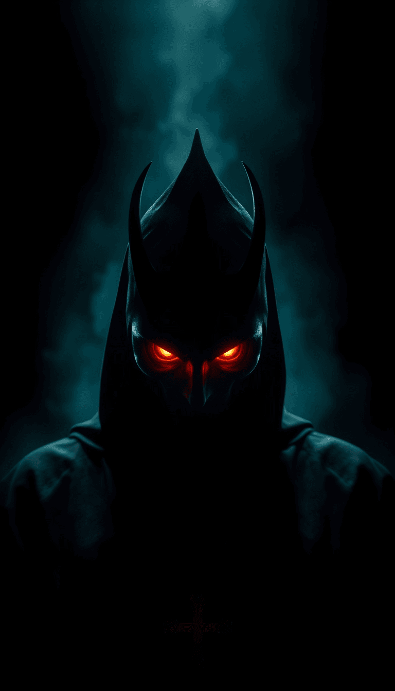 An Eerie, Extreme Angle Shot Of The Evil Priest Of Hell, Looming Menacingly In The Foreground With A Dramatic, Cool-toned, Sterile Environment Surrounding Him. His Eyes Are Ablaze With A Sinister Glow