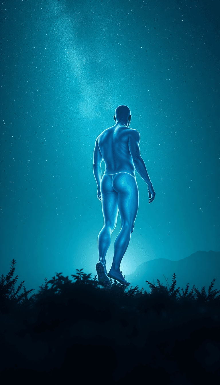 In Space, But Without Stars In Front Of Me, Three Meters In The Air, A Blue Translucent Male Athletic Body, 190 Centimeters Tall, With Its Back To Me, And In The Distance, A Source Of White Light Clea