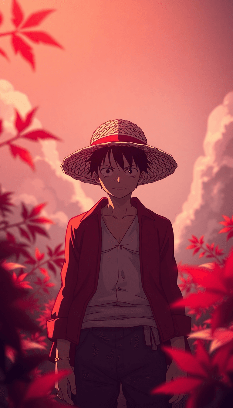 An Anime-style Wallpaper Of Luffy From One Piece, Standing In A Calm And Intimidating Pose. He Is Centered In The Frame, With Most Of His Face Obscured In Shadow Beneath His Iconic Straw Hat. The Stra