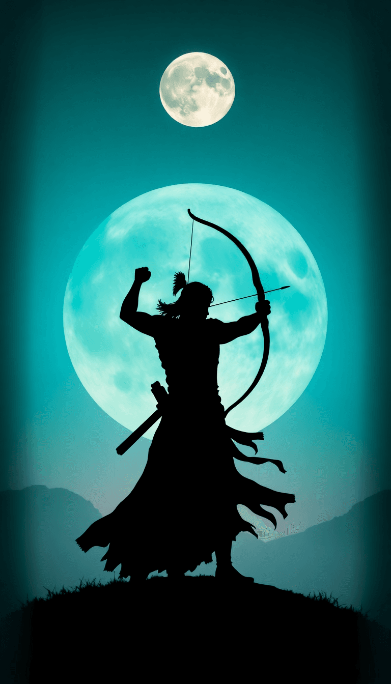 Heroic Silhouette Of An Archer Warrior Against A Full Moon, Dramatic Black Figure Holding A Large Curved Bow, Standing In A Powerful Stance With Flowing Garments, Set Against A Deep Turquoise Blue Sky