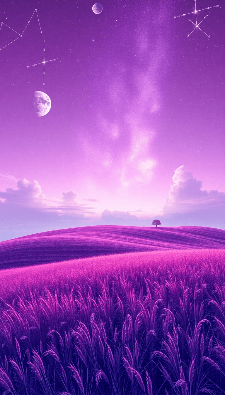 A View From Above Of A Field On A Hill The Sky In Lilac Color In Gradient Tones Where Instead Of Showing The Clouds, It Shows Stars, Planets And Constellations