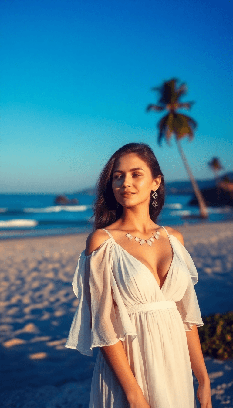 Beautiful Woman, Dressed In A White Dress In Front Of A Beach